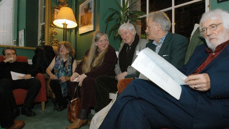 Macdara Woods, Leland Bardwell, Eiléan Ní Chuilleanáin, John Montague, Paul Durcan and Tom MacIntyre in the green room at the Gate Theatre before going on stage to read from The Great Hunger and other poems by Patrick Kavanagh at the Patrick Kavanagh Centenary Celebration in Dublin. Photograph: Moya Nolan
