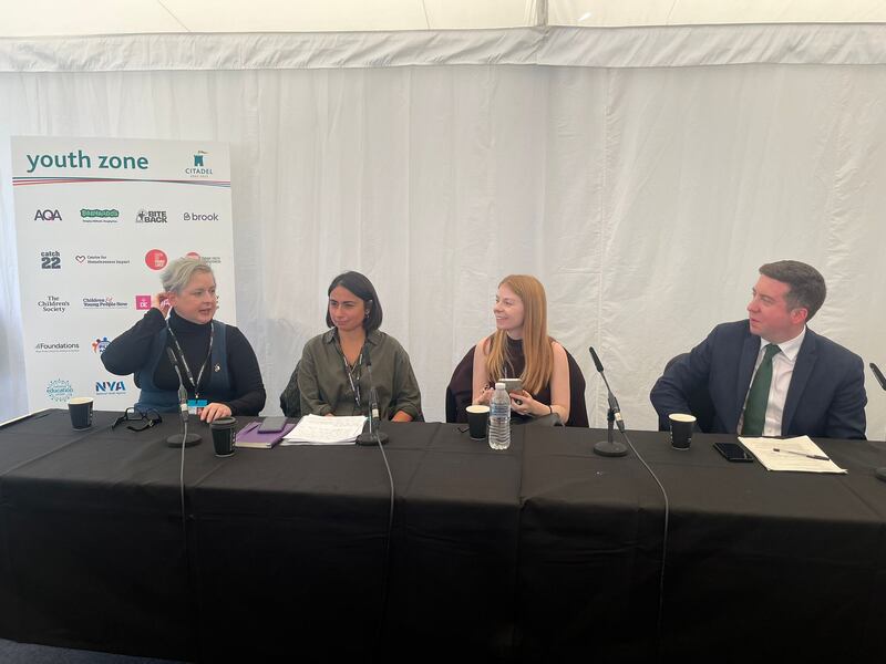 Siobhán McSweeney, Rosa Gilbert of Irish in Britain, Bloomberg journalist Ailbhe Rea, and Labour MP Liam Conlon in Liverpool on Sunday to highlight the campaign for Philomena’s Law. Photograph: Mark Paul