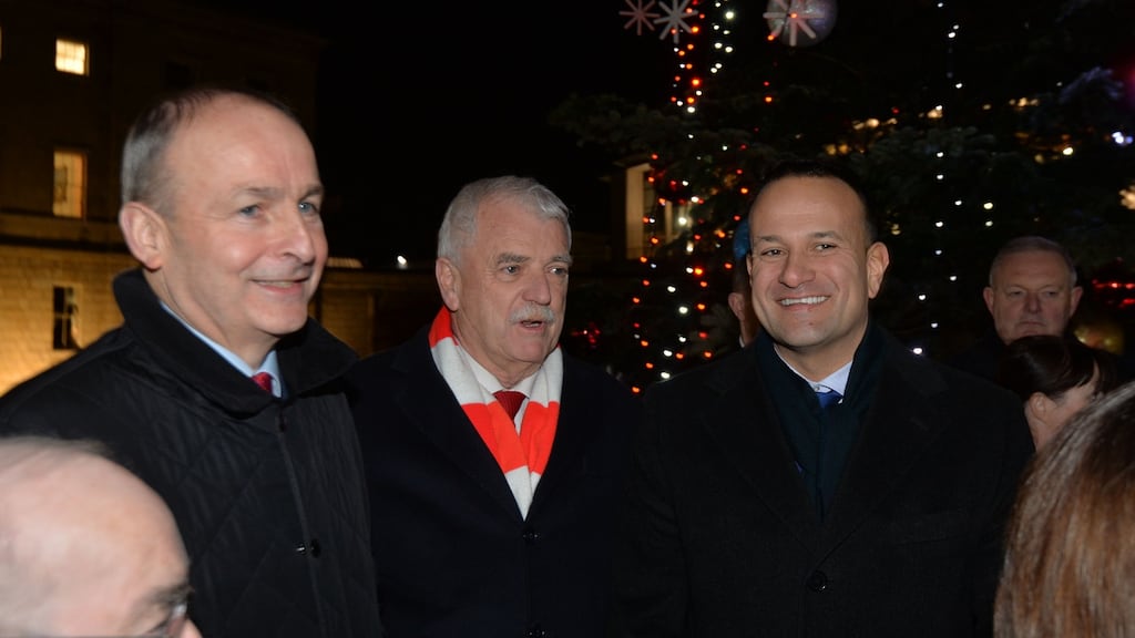 Fianna Fáil leader Micheál Martin, Minister of State Finian McGrath and Taoiseach Leo Varadkar at the switching on of the Oireachtas Christmas tree lights at Leinster House. Photograph: Alan Betson