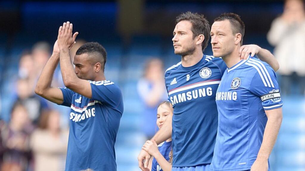 Chelsea’s Ashley Cole, Frank Lampard and John Terry after Chelsea’s final home Premier League game of the season ended in a scoreless draw with Norwich City. Photograph: Adam Davy/PA