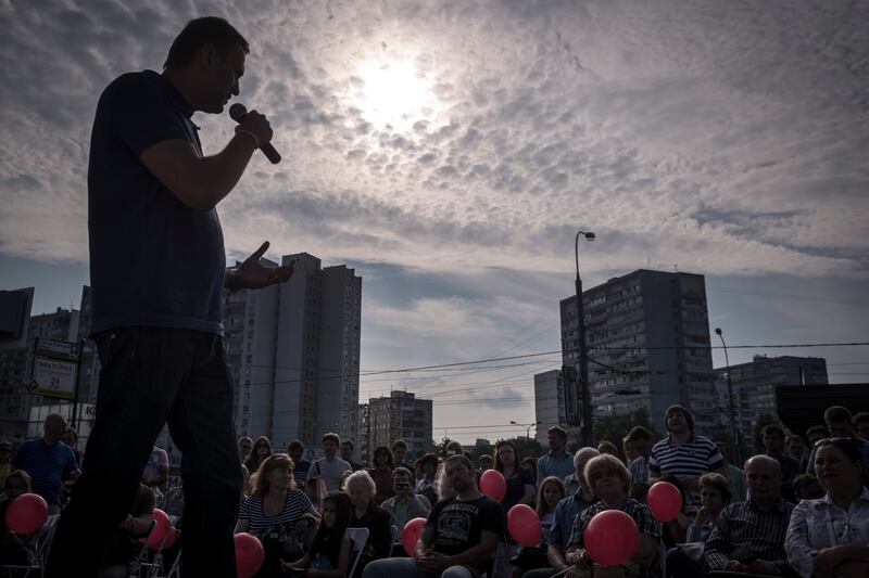 Alexei Navalny speaks in Moscow during his campaign for mayor in 2013. Photograph: Sergey Ponomarev/New York Times
