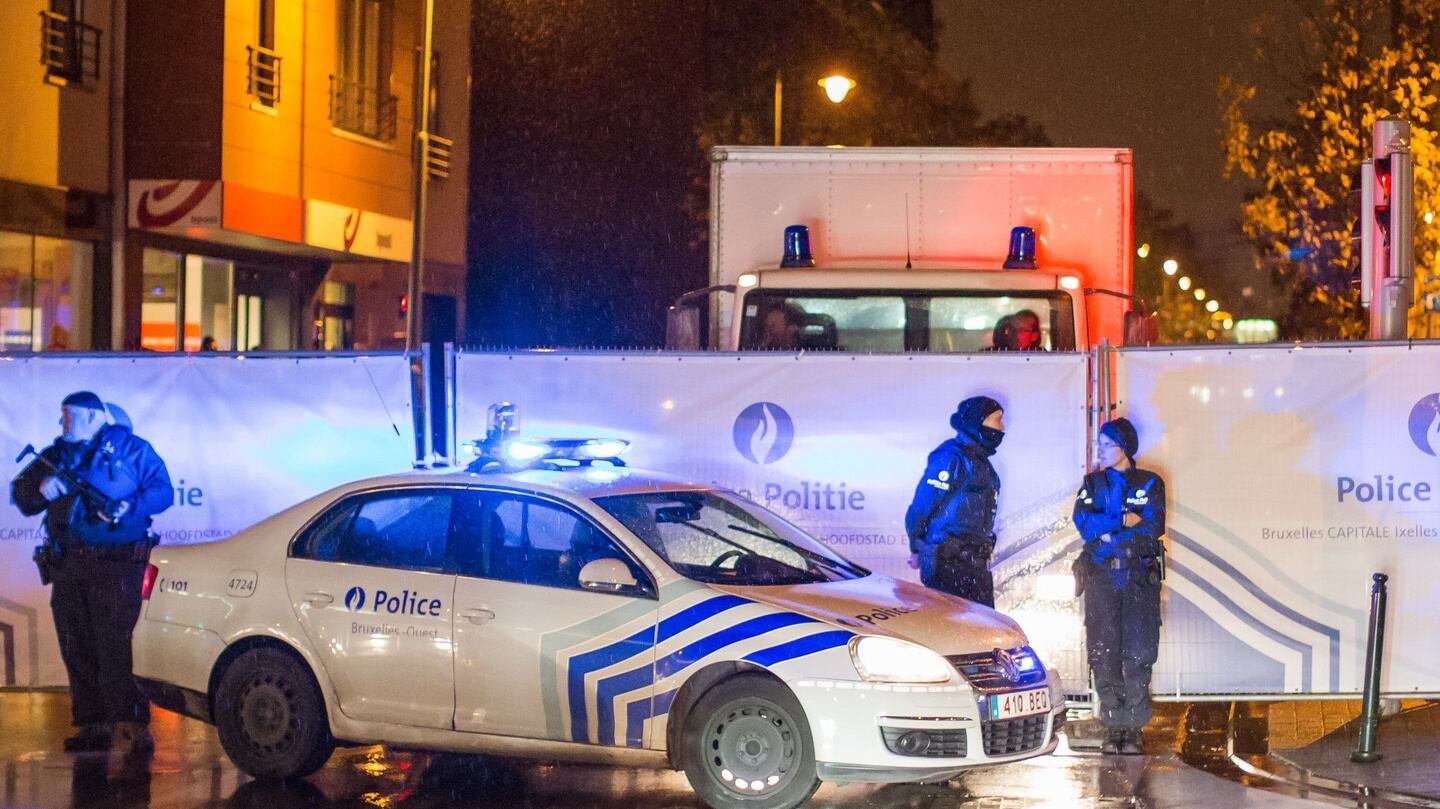 Belgian police guard a street in Brussels on Saturday, November 14th, 2015, where arrests were made linked to the attacks in Paris. Photograph: AFP