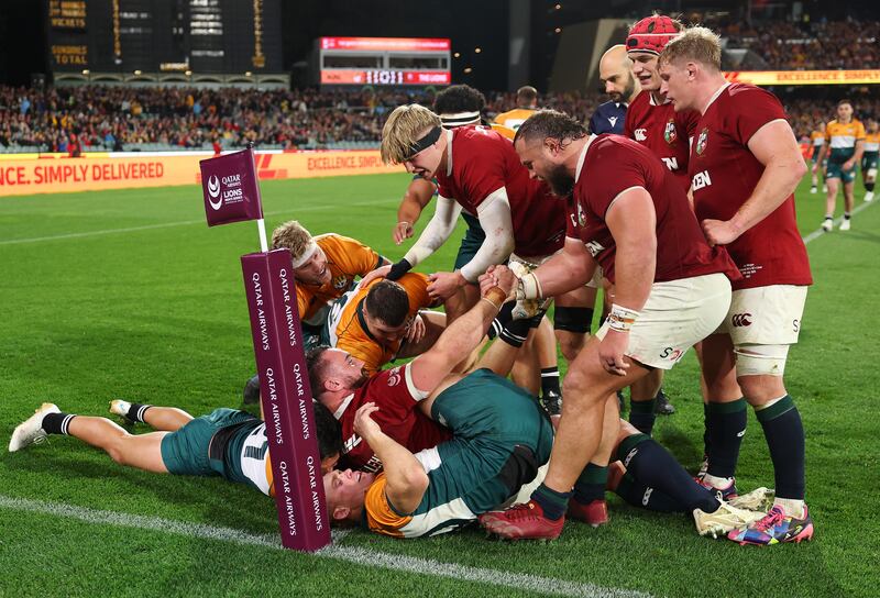 Ireland hooker Rónan Kelleher scores the Lions' seventh try against the AU/NZ XI. Photograph: Cameron Spencer/Getty Images