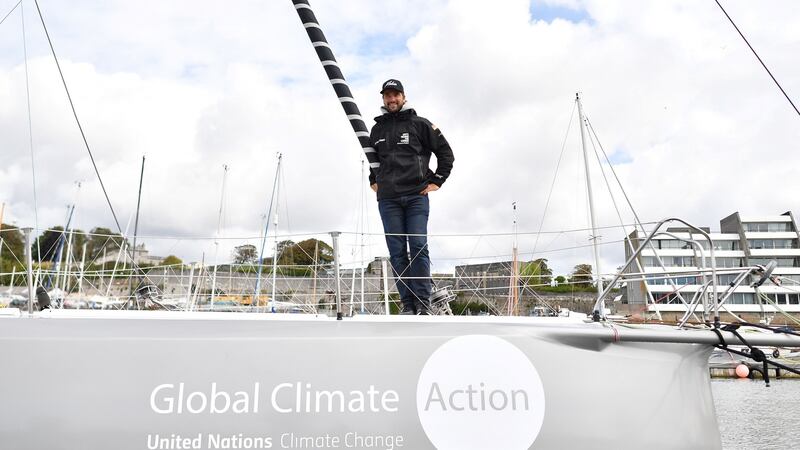 German captain Boris Herrmann onthe Malizia II yacht at the Mayflower Marina in Plymouth on Tuesday. Photograph: Ben Stansall/AFP/Getty Images