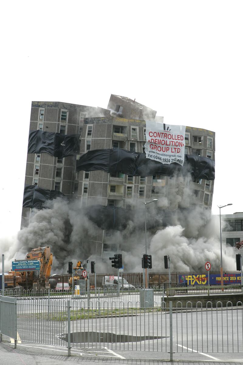 The demolition by controlled explosion of McDonagh Tower in Ballymun in 2005. Photograph: Cyril Byrne