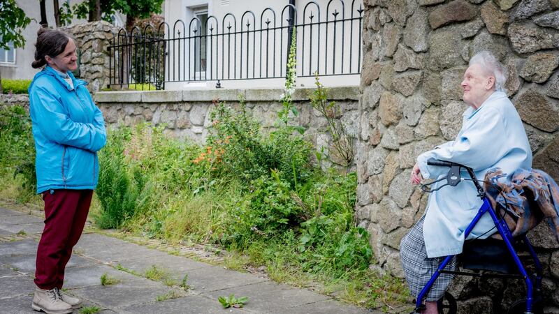 Storyteller Aideen McBride travelled from her home in Ballymun to share stories with 83-year old Marjorie. Photograph: Aidan Oliver
