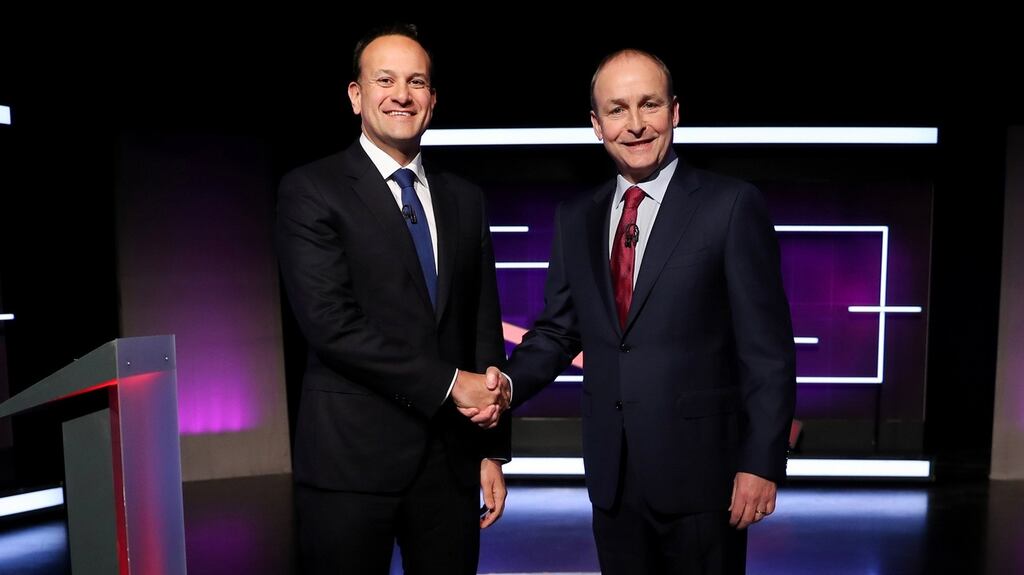 Taoiseach and Fine Gael leader Leo Varadkar and Fianna Fáil leader Micheál Martin at the Virgin Media studios for the Election 2020 debate. Photograph: Maxwells