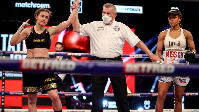Katie Taylor is declared victorious after her fight with Natasha Jonas in Manchester. Photograph: Inpho