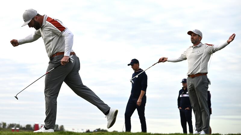 Jon Rahm his birdie on the 16th. Photo: Anthony Behar/PA Wire