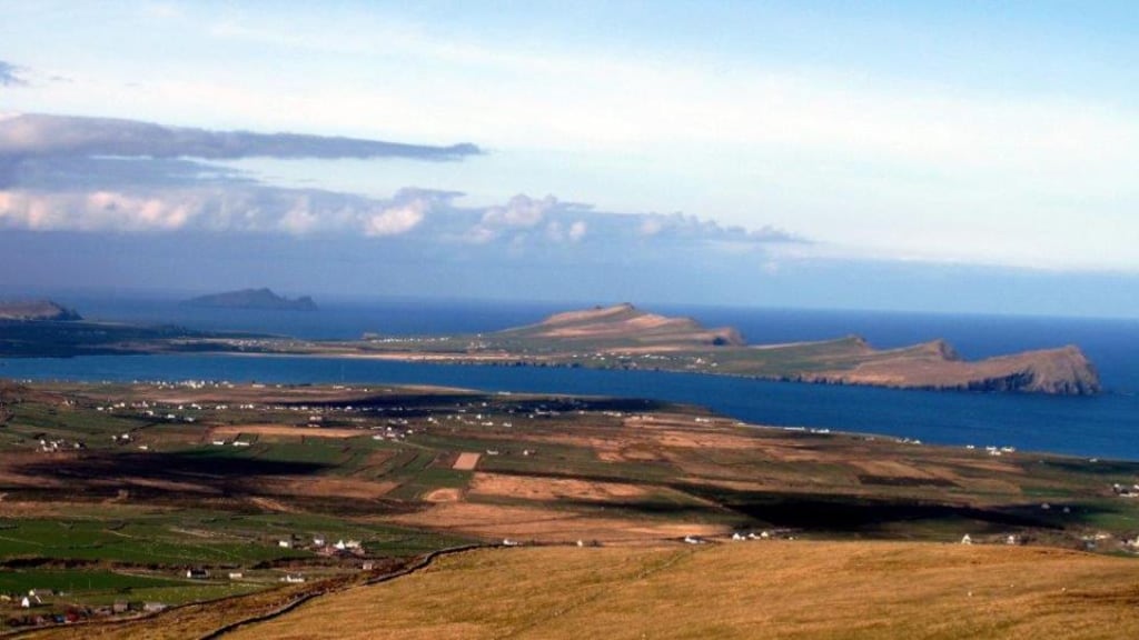 Looking west from Mount Brandon over Smerwick Harbour and the Three Sisters