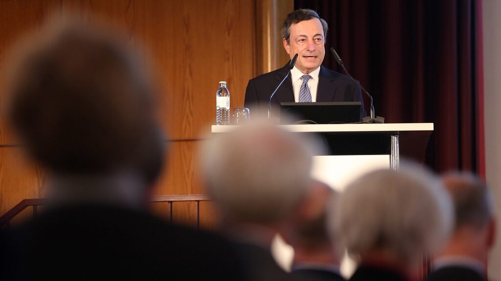 ECB president Mario Draghi speaking on the economic and fiscal challenges facing Europe at the German Institute for Economic Research in Berlin. Photograph: EPA/Wolfgang Kumm