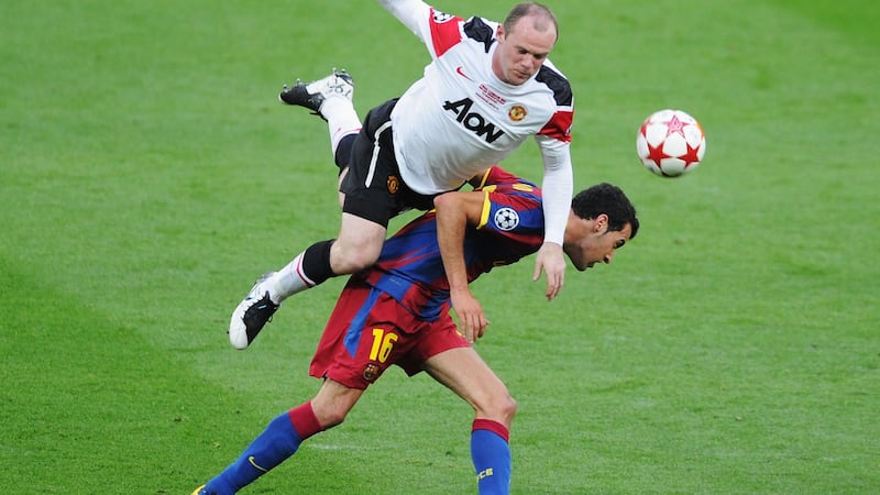 Sergio Busquets  in action against Wayne Rooney of Manchester United during the  Champions League Final at Wembley Stadium in May 2011. Photograph:   Michael Regan/Getty Images