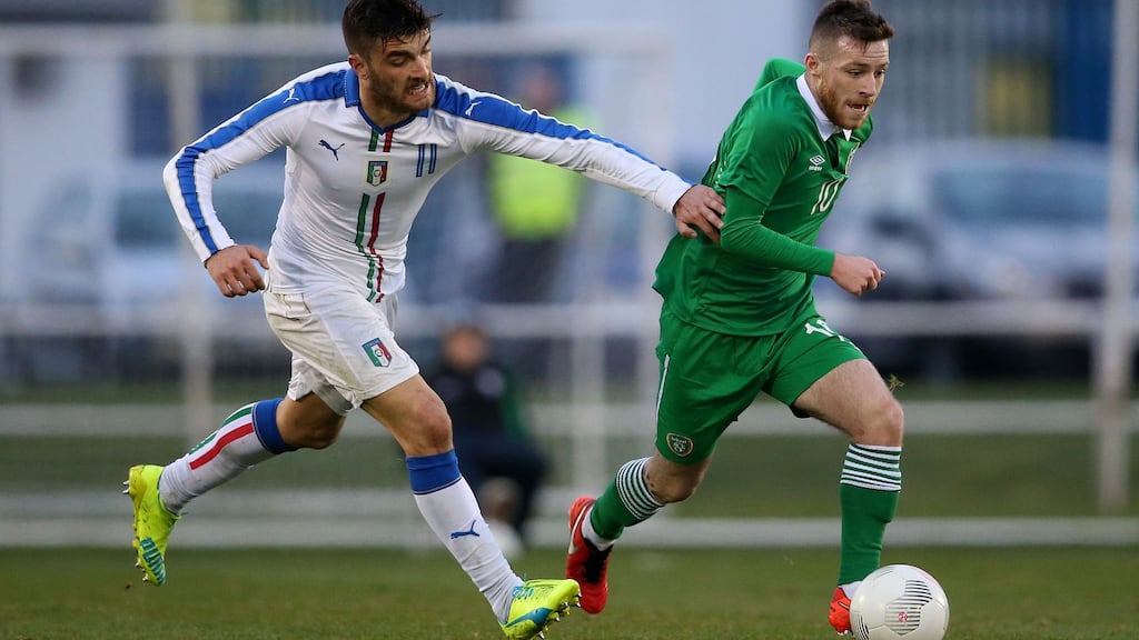 Republic of Ireland’s Jack Byrne (r) and Gaetano Monachello of Italy during the March 24th tie at the RSC in Waterford Photograph: INPHO/Cathal Noonan
