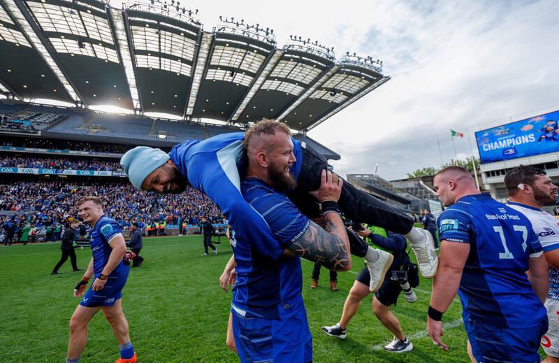Leinster's RG Snyman and Jamison Gibson-Park celebrate after the game. Photograph: James Crombie/Inpho