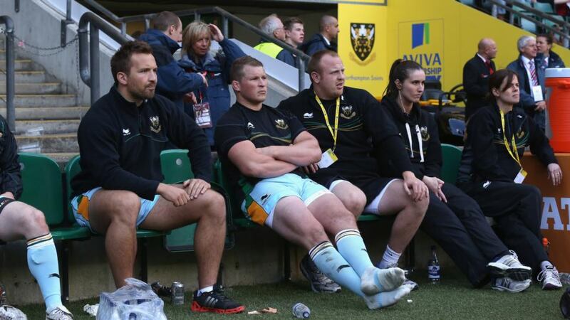 Dylan Hartley (centre), the Northampton captain sits on the bench after being sent off during the Aviva Premiership final between Leicester Tigers and Northampton Saints at Twickenham Stadium on Saturday. Photograph: David Rogers/Getty Images