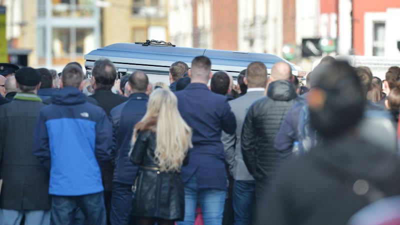 The US-style blue coffin of David Byrne on Dublin’s Francis Street in 2016