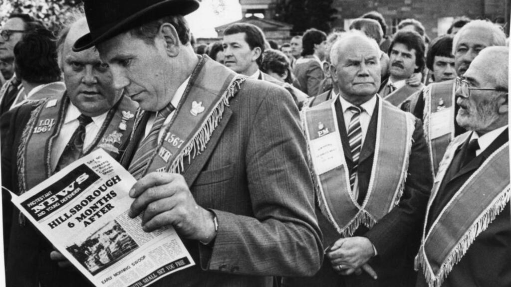 Loyalists taking part in the Orange Order protest rally in March 1986 against the signing of the Anglo-Irish Agreement. Photograph: Matt Kavanagh