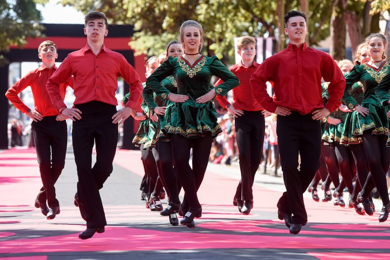 Irish dancers in the street parade at the 2018 Festival Interceltique de Lorient. Photograph: Sebastien Salom-Gomis/AFP via Getty