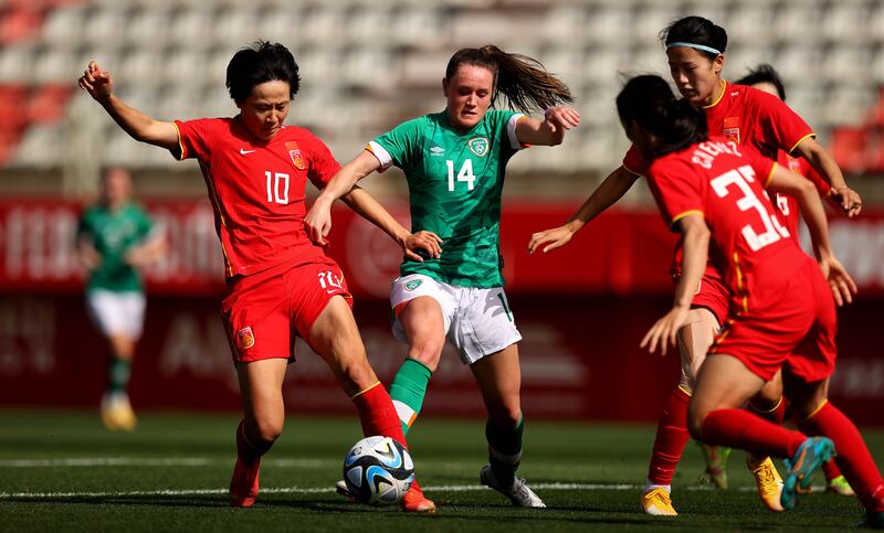 Ireland's Heather Payne challenges China’s Zhang Rui during the friendly international at Estadio Nuevo Mirador in Cadiz, Spain. Photograph: Ryan Byrne/Inpho