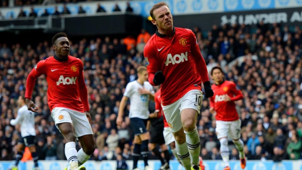 Wayne Rooney celebrates scoring Manchester United’s second goal from the penalty spot during the Premier League game against Tottenham Hotspur at White Hart Lane. Photograph: Michael Regan/Getty Images