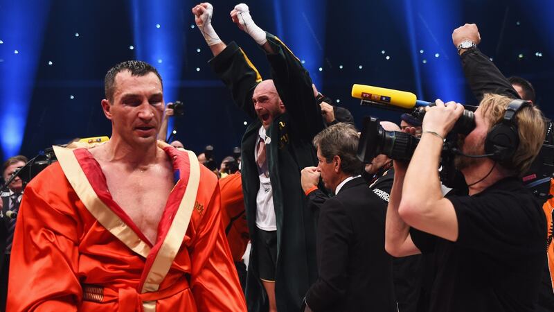 Fury celebrates after beating Klitschko in 2015. Photo: Lars Baron/Bongarts/Getty Images