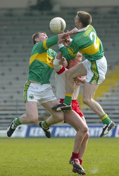 Tomás and Marc Ó Sé of Kerry outjump Tyrone's Eoin Mulligan during the league clash in Killarney. 'We mightn’t have given Tyrone the attention that they deserved in that they had superb under-age succes,' recalls Eoin Brosnan. Photograph: Lorraine O'Sullivan/Inpho