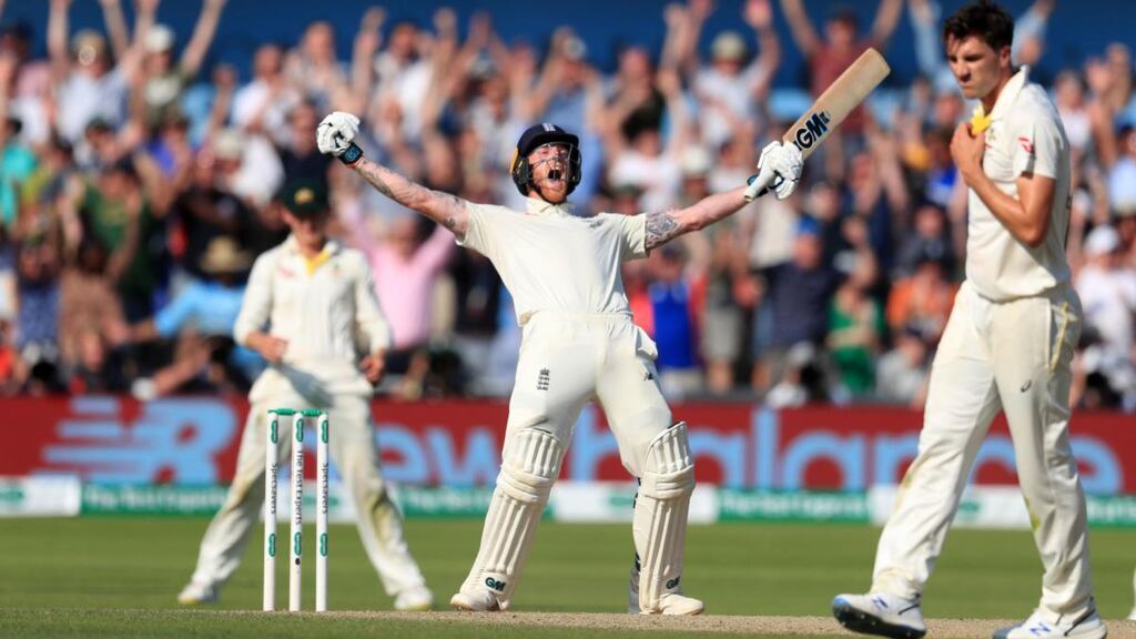Ben Stokes celebrates after his 135 not out steered England to a one wicket win over Australia at Headingley. Photograph: Mike Egerton/PA