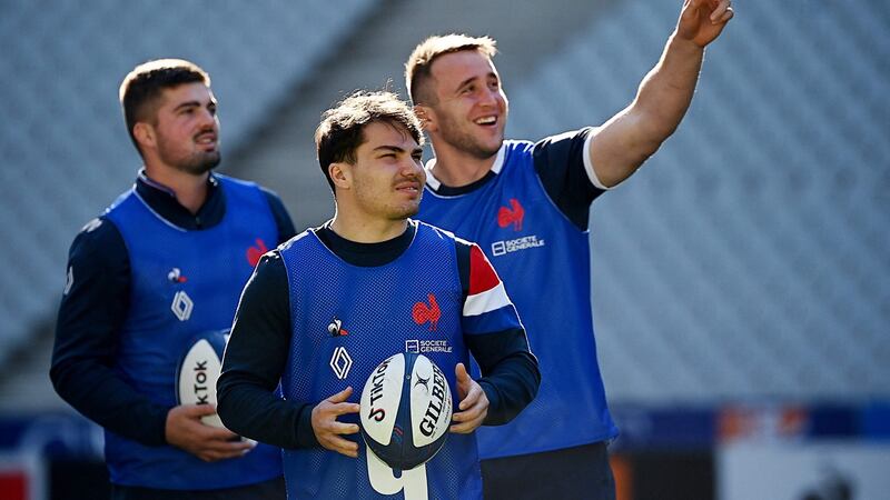 France’s flanker Grégory Alldritt, France’s scrum-half Antoine Dupont and France’s flanker Dylan Cretin during the captain runs at the Stade de France on Friday. Photograph: Franck Fife/AFP via Getty Images