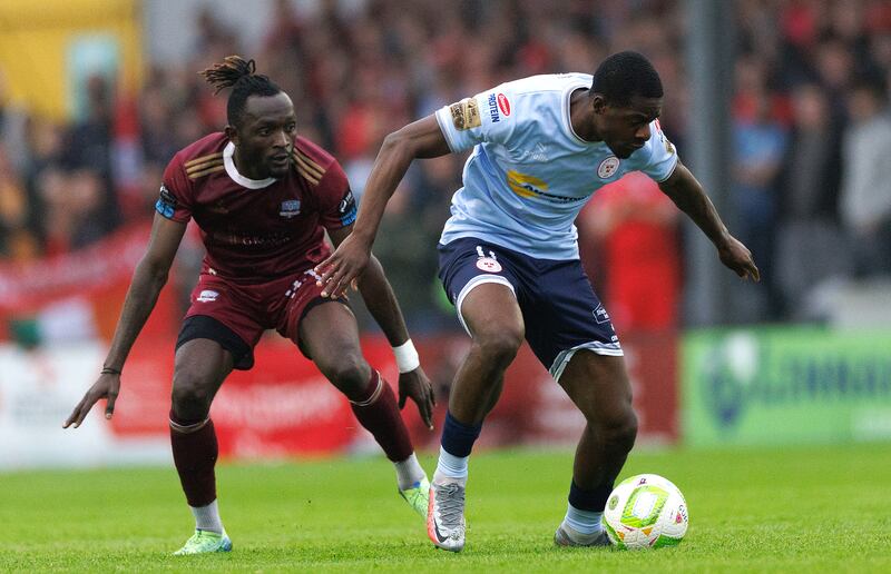 Galway’s Jeannot Esua and Mipo Odubeko of Shelbourne. Photograph: James Crombie/Inpho