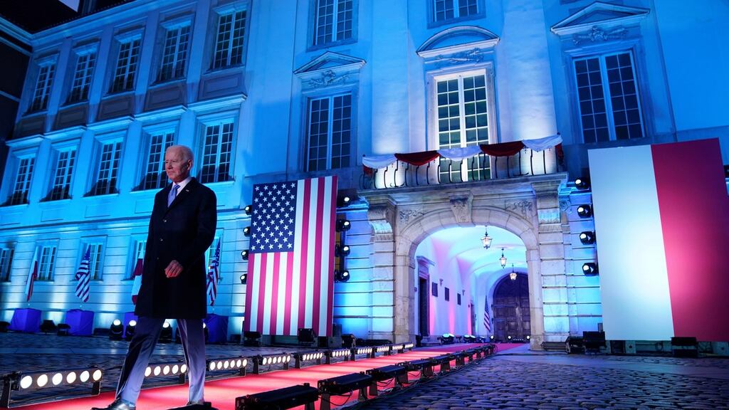 President Joe Biden arrives to speak about the Russian invasion of Ukraine, at the Royal Castle, in Warsaw, Saturday, March 26th. Photograph: AP Photo/Evan Vucci