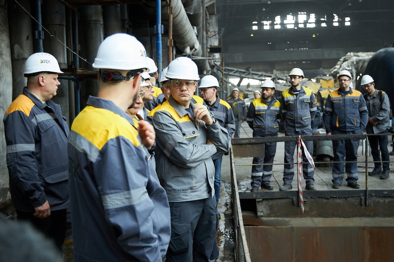 DTEK chief executive Maxim Timchenko and employees inspect damage at a DTEK power station after Russian attacks in March 2024. Photograph: DTEK
