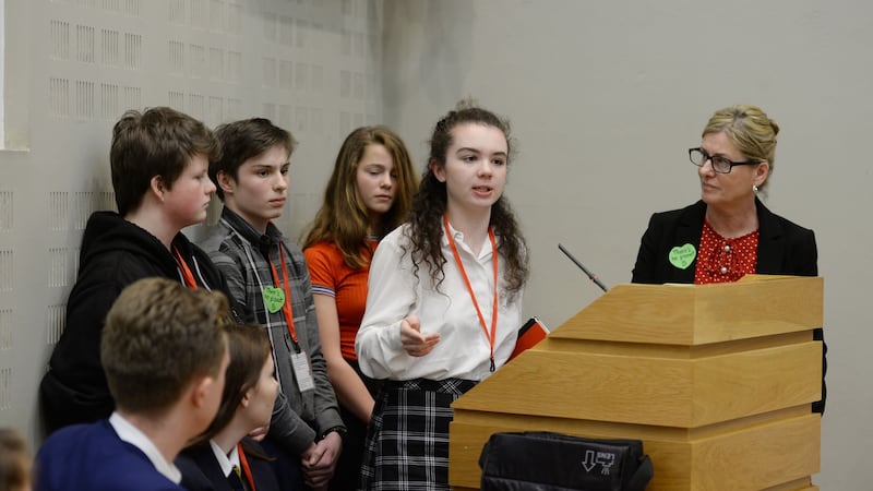 Beth Doherty from Schools Striking 4 Climate with fellow students from numerous secondary schools calling for a mass protest on Friday March 15th to demand action from the Government on climate change. Photograph: Alan Betson