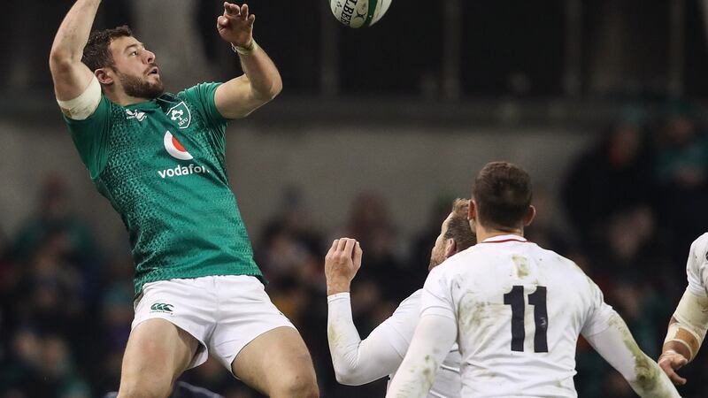 Robbie Henshaw tips back a high ball in Ireland’s defeat to England. Photograph: Dan Sheridan/Inpho
