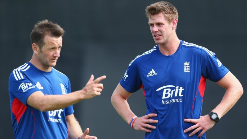 Boyd Rankin listens to England one-day bowling coach Kevin Shine during a training session in Bristol. Photograph: Michael Steele/Getty Images