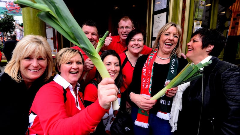 Welsh supporters celebrating in Temple Bar as Ireland host the Welsh team at Aviva on Sunday. Photograph: Cyril Byrne / The Irish Times