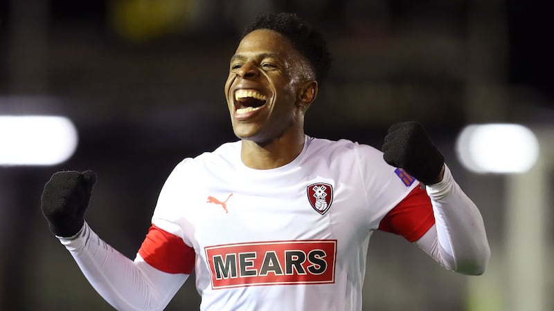 Rotherham United’s   Chiedozie Ogbene celebrates   at the full-time whistle. Photograph: by Catherine Ivill/Getty Images