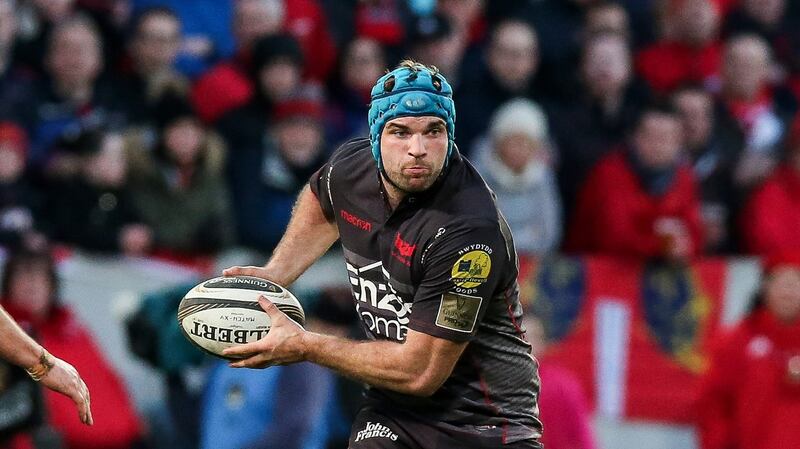 Munster-bound Tadhg Beirne in Pro14 action for Scarlets against Munster at Thomond Park, Limerick. Photograph: Inpho