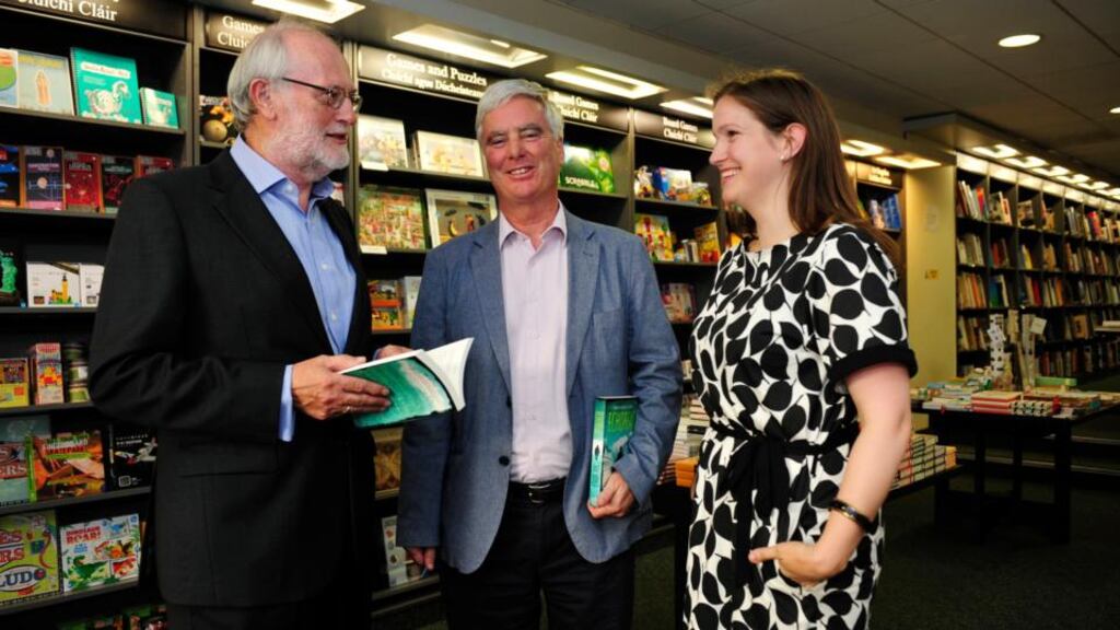 Joe Joyce (left) author of ‘Echobeat’, pictured at the launch of his book in Hodges Figgis, Dublin, with Stephen Collins, Political Correspondent of The Irish Times, and Catherine Joyce. Photograph: Aidan Crawley