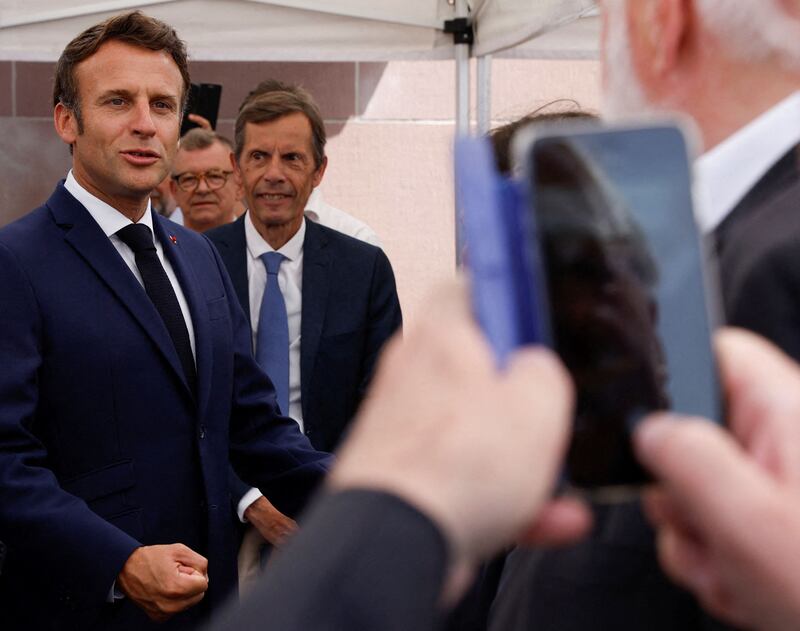 French president Emmanuel Macron speaks during a ceremony marking the 82nd anniversary of late French general Charles de Gaulle's resistance call of June 18th, 1940, at the Mont Valerien memorial in Suresnes near Paris. Photograph: GONZALO FUENTES/POOL/AFP via Getty Images