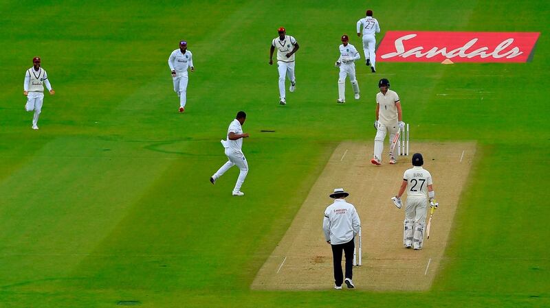 West Indies’ Shannon Gabriel celebrates taking the early wicket of England’s Joe Denly. Photograph: Mike Hewitt/Getty/AFP