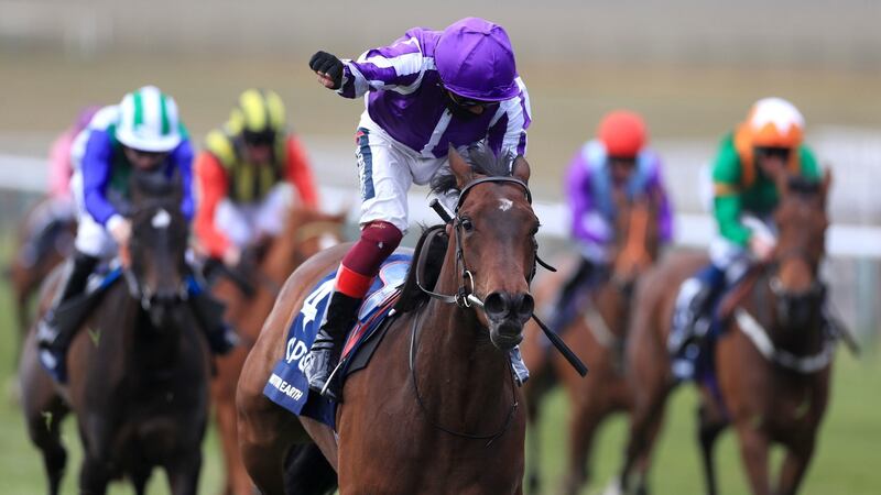 Frankie Dettori celebrates as Mother Earth wins the Qipco 1000 Guineas at Newmarket. Photograph: Mike Egerton/PA Wire