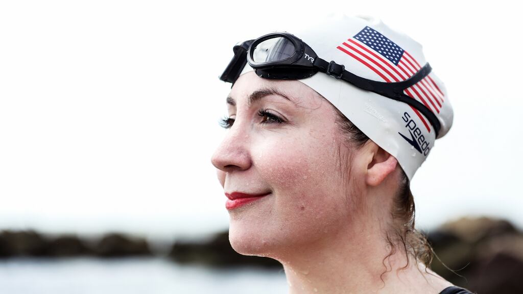 Jamie Monahan at the shore in Brooklyn, New York. Monahan will attempt to become the fastest person to complete six marathon swims on six continents within 16 days. Photograph: Marian Carrasquero/The New York Times