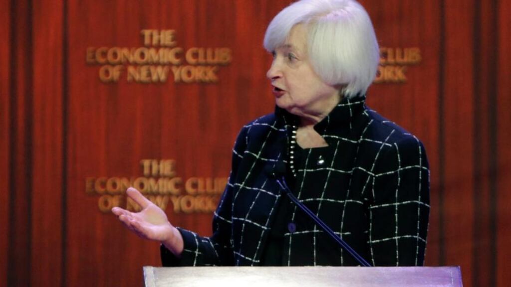 Janet Yellen: Her closely watched speech drove the index that measures the dollar against its main peers 0.5 per cent lower. Photograph: Jason Szenes/EPA