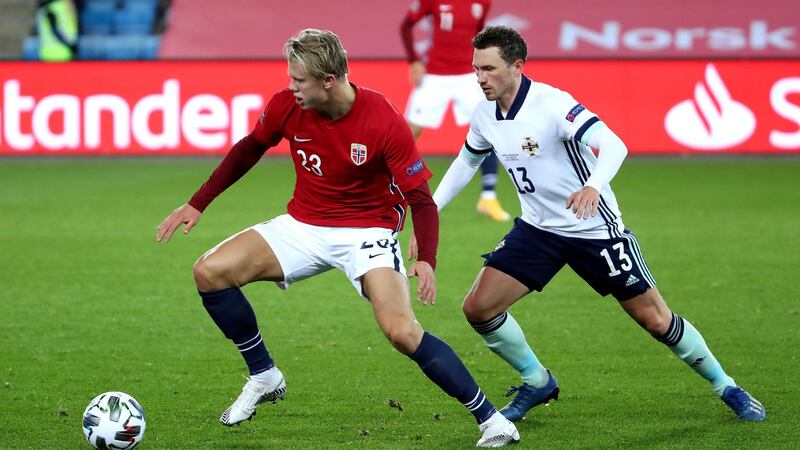 Erling Haaland holds off Corry Evans during Norway’s Nations League clash with Northern Ireland. Photograph: William Cherry/Inpho