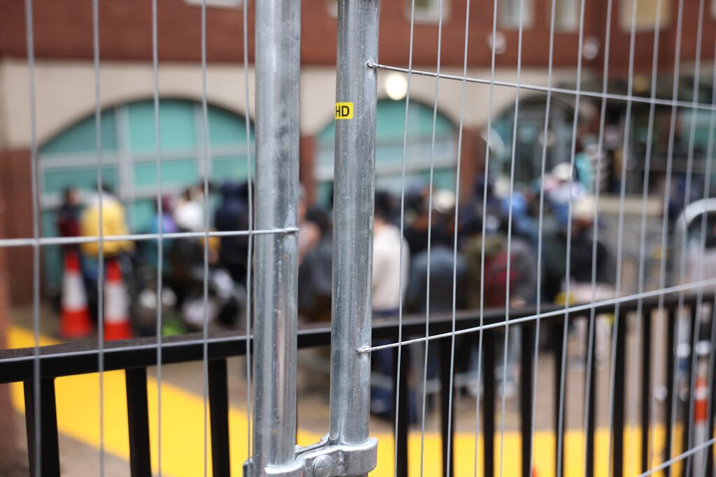 Fencing in place around the International Protection Office on Mount Street, Dublin, to stop tents being pitched. Photograph: Dara Mac Dónaill