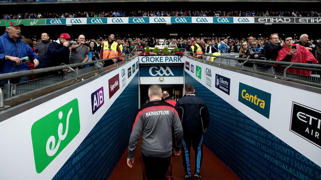 Mayo’s manager Stephen Rochford leaves the field after the game on Sunday. Photograph: James Crombie/Inpho