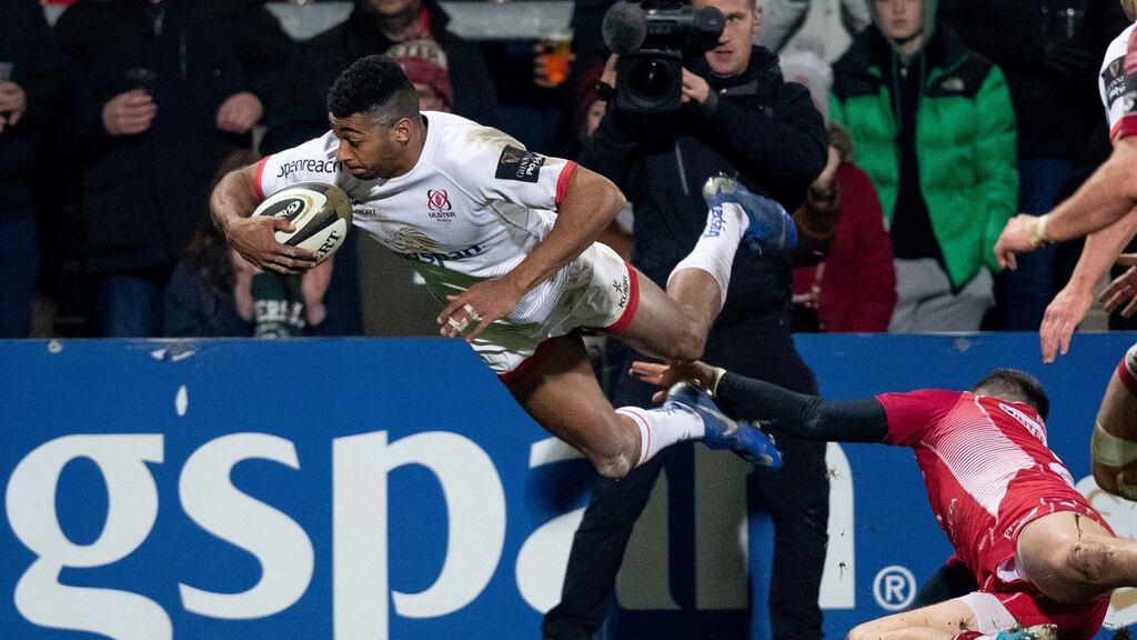 Ulster’s Robert Baloucoune goes aerial to score a try in the Guinness Pro 14 game against Scrlets at Kingspan Stadium. Photograph: Morgan Treacy/Inpho