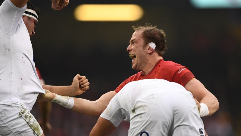 Alun Wyn Jones clashes with Jamie George during the match. Photograph: Stu Forster/Getty Images