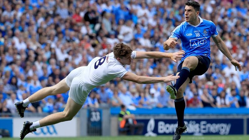 Kevin Feely tries to block an effort from Dublin’s Bernard Brogan during the Leinster final at Croke Park. Photograph: Donall Farmer/Inpho