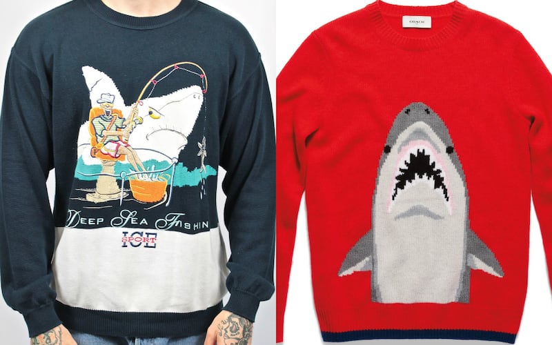 Deep end jumper, €22.50, Asos Marketplace (above left) amd Shark crewneck sweater, €595, Coach